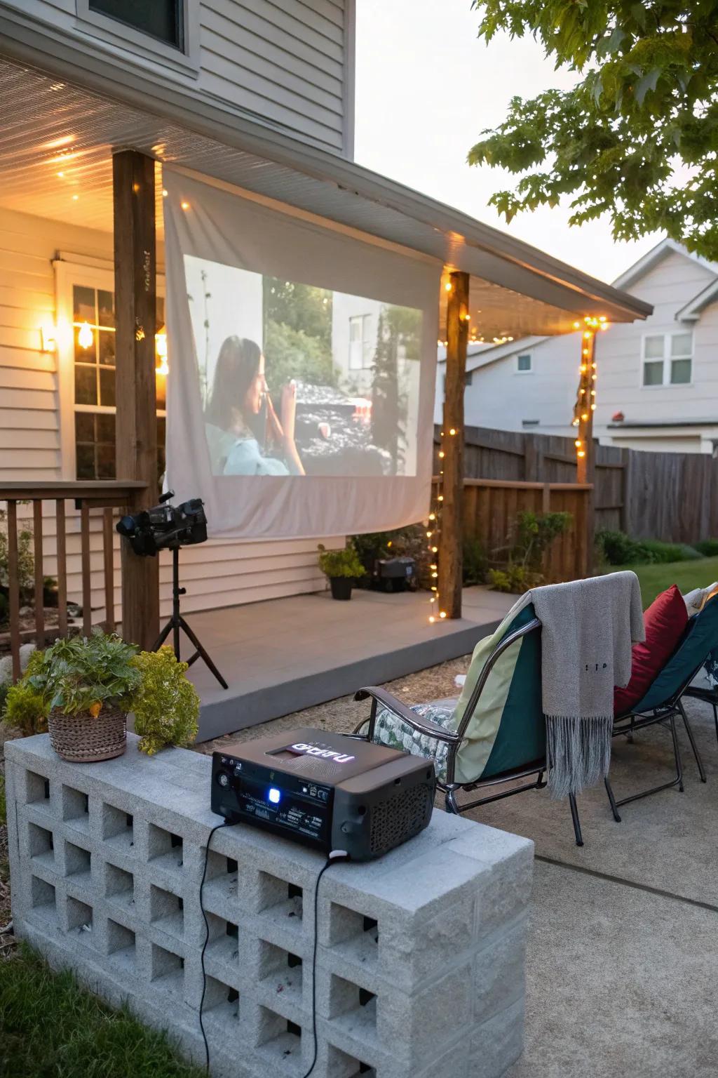 Enjoy movie nights on the porch with a cinder block screen.
