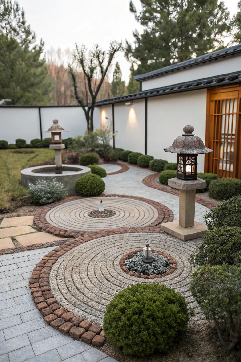 Find peace and balance in a circular brick Zen garden.