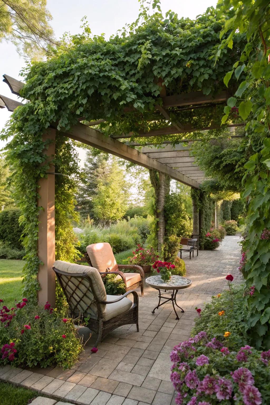 A simple pergola providing shade and supporting climbing plants in the garden.
