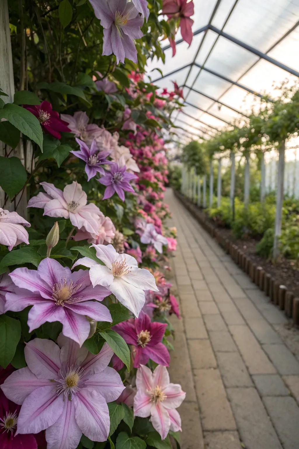 A vibrant display of mixed clematis colors in a garden bed.