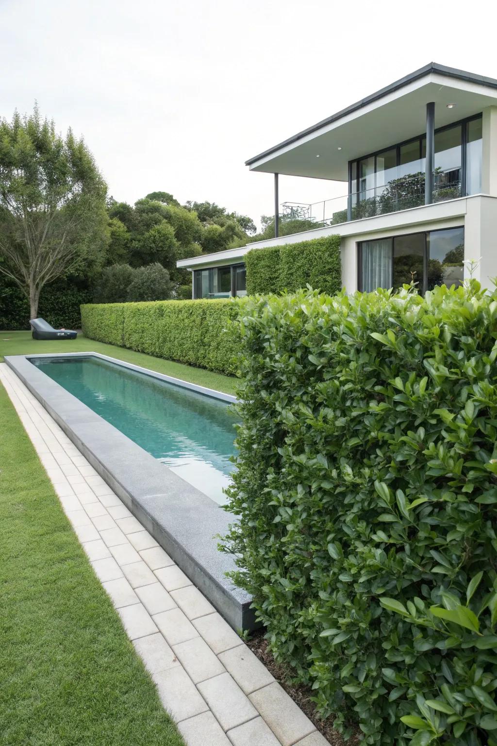 Poolside elegance with clusia hedges.