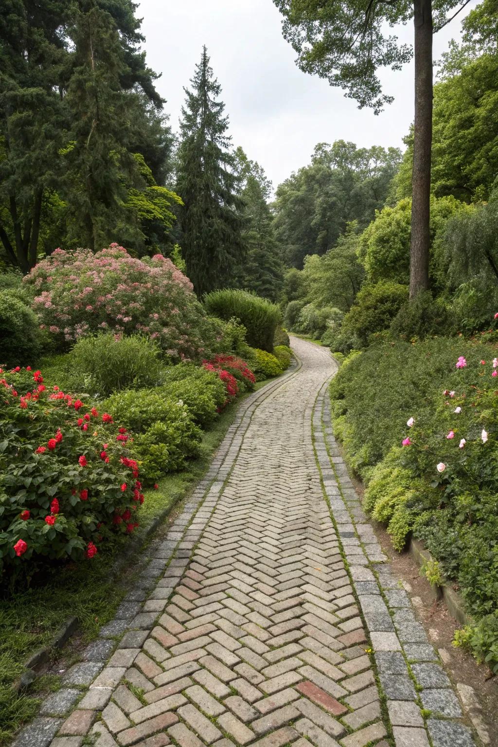 A herringbone cobblestone pattern adding charm to the garden.