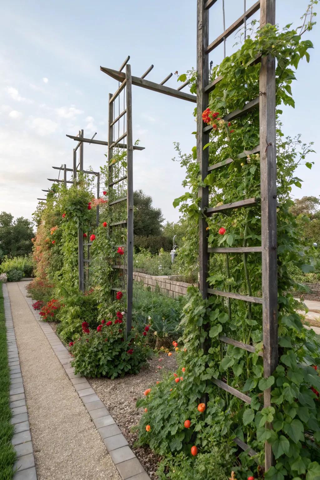 Climbing plants add vertical interest to a xeriscape garden.