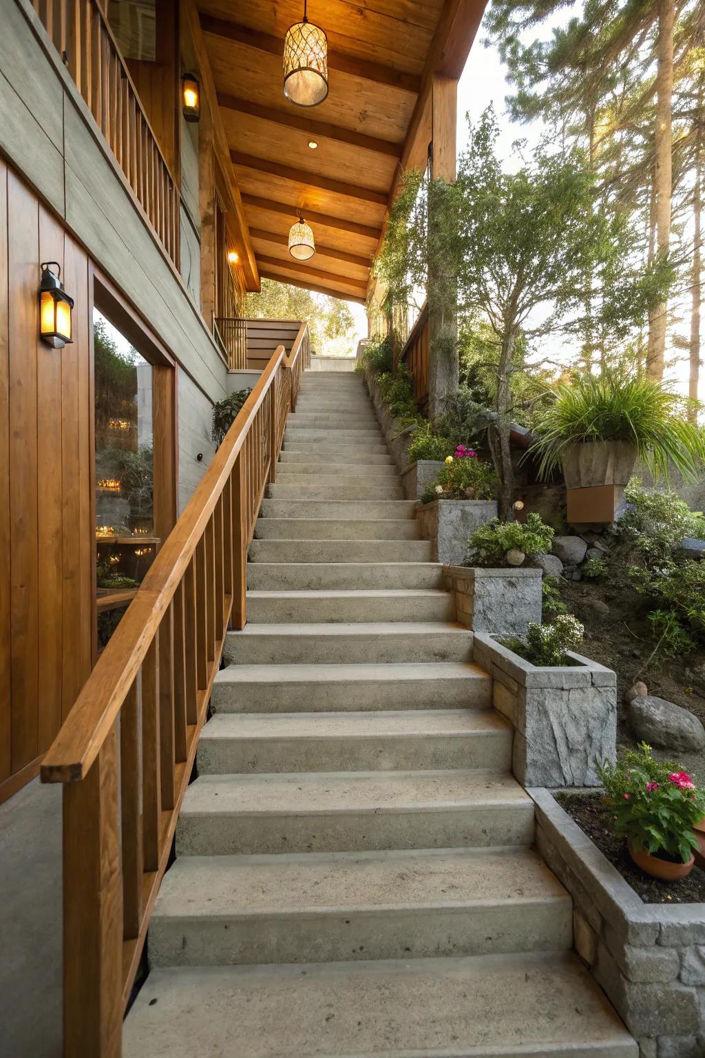 Wooden accents bring warmth and charm to concrete stairs.