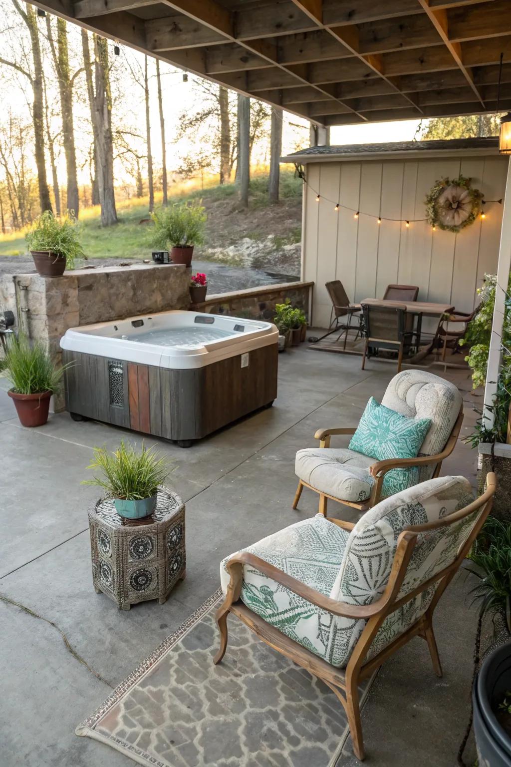 Vintage vibes create a timeless atmosphere on a concrete patio with a hot tub.