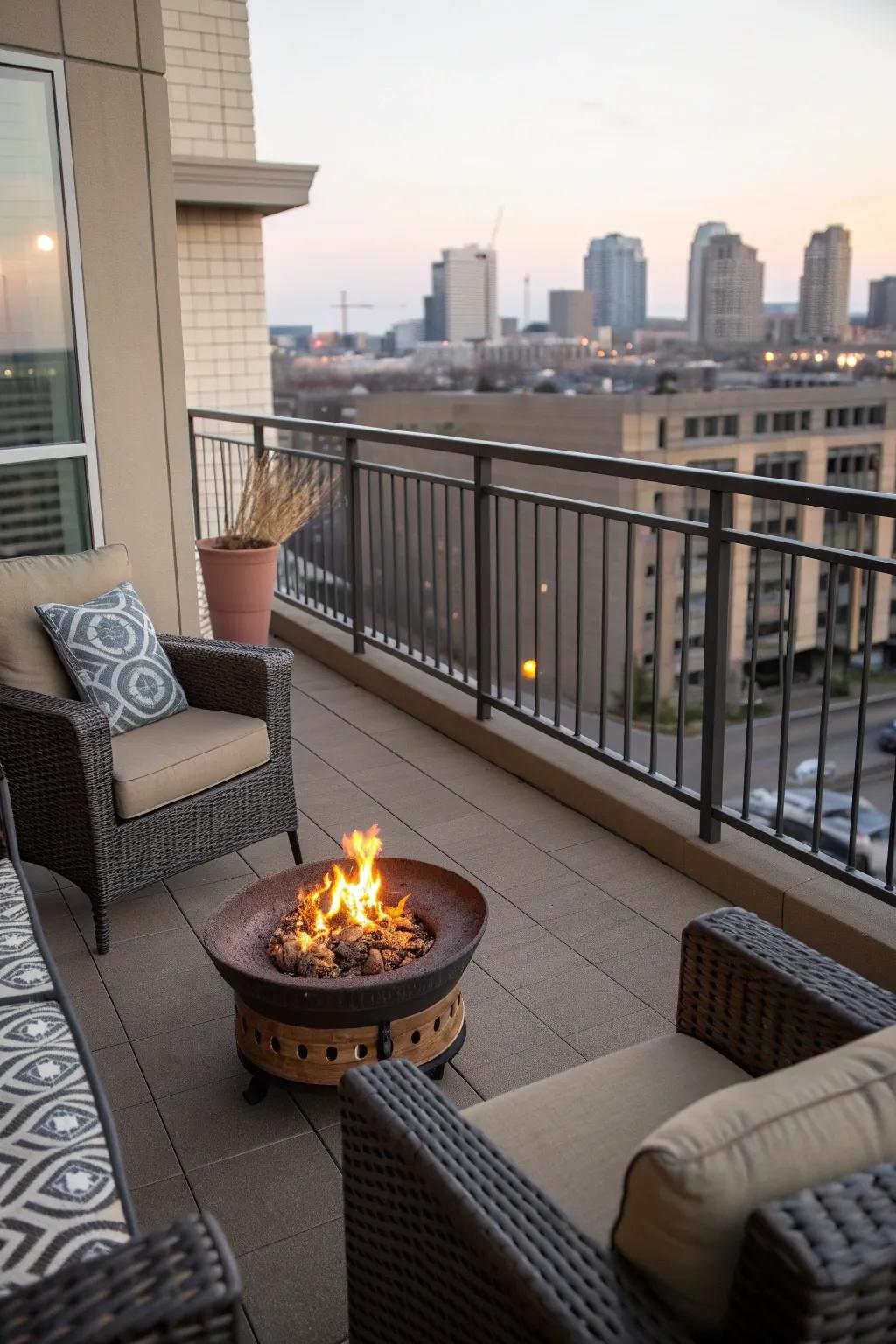 Enjoy cozy evenings with a portable fire pit on your balcony.