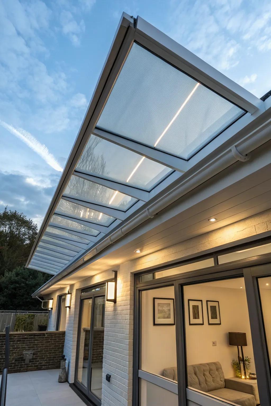 A roof with translucent panels illuminating the interior.
