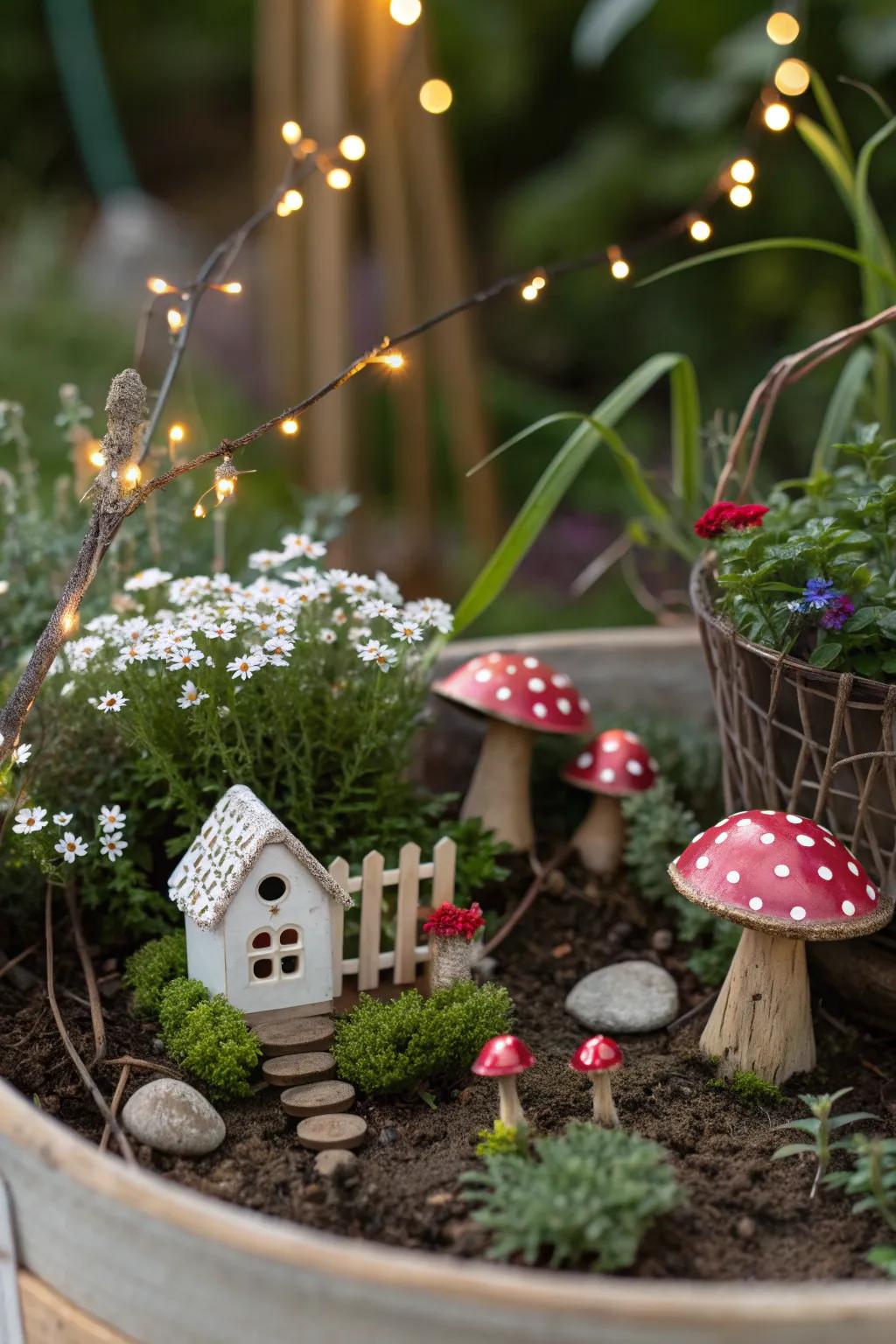 A whimsical fairy garden enchants this corner space.