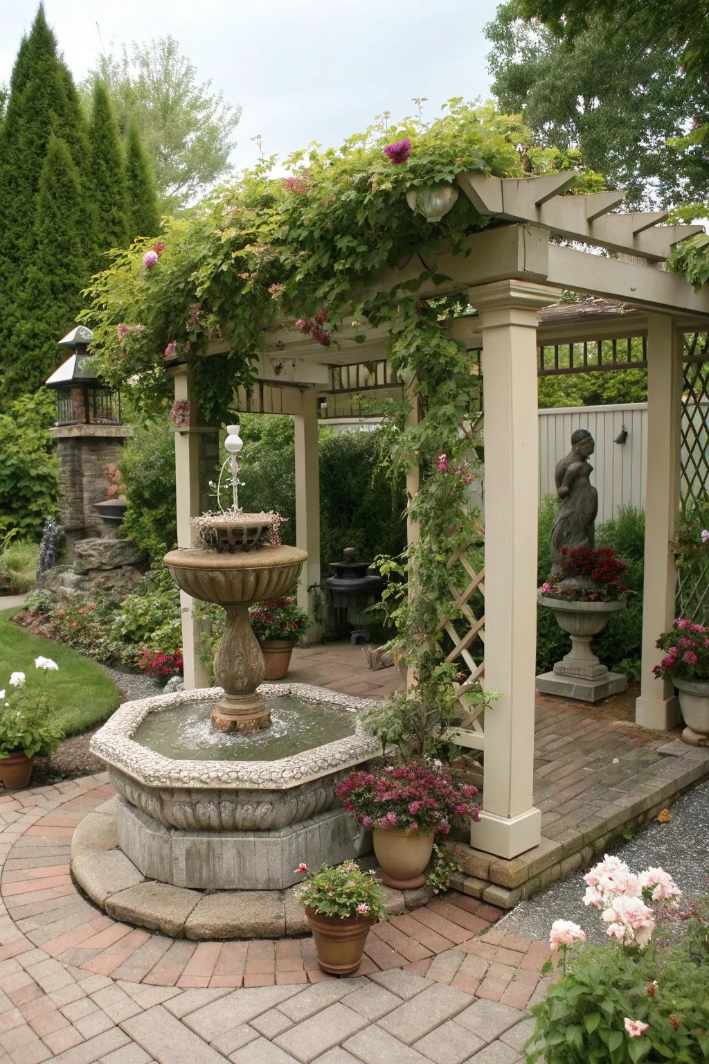 A water feature under a pergola creates a serene and calming ambiance.