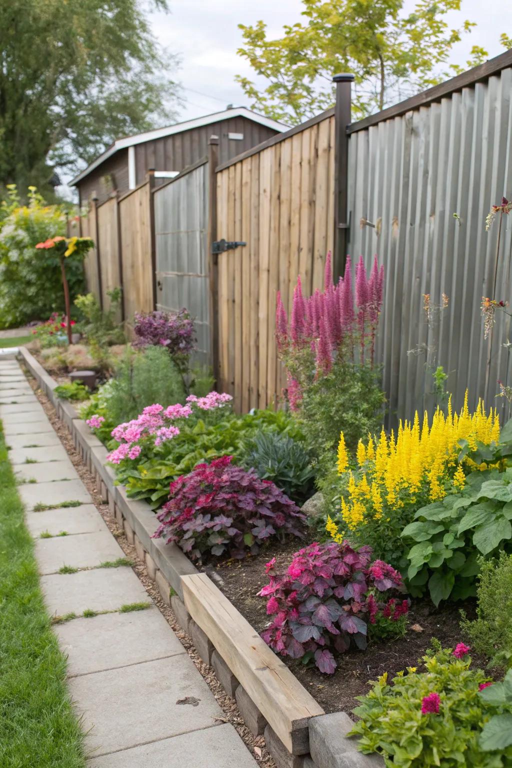 Let your garden shine with a metal and wood fence backdrop.