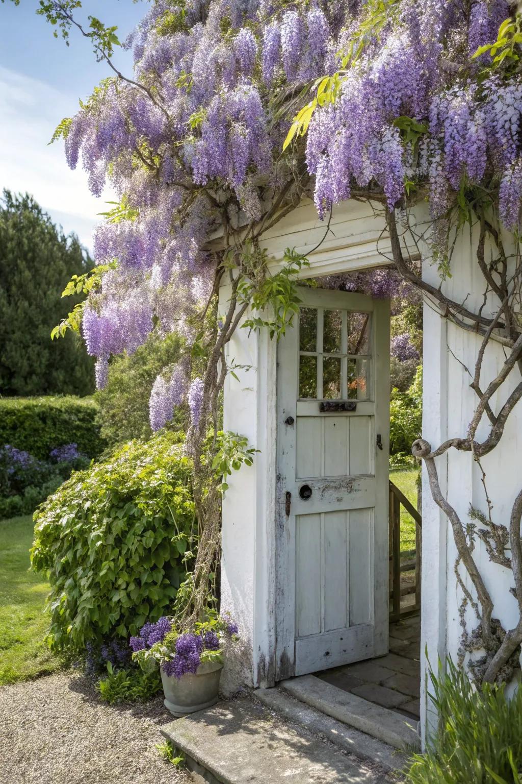 Blooming wisteria vines adorn this charming cottage door.