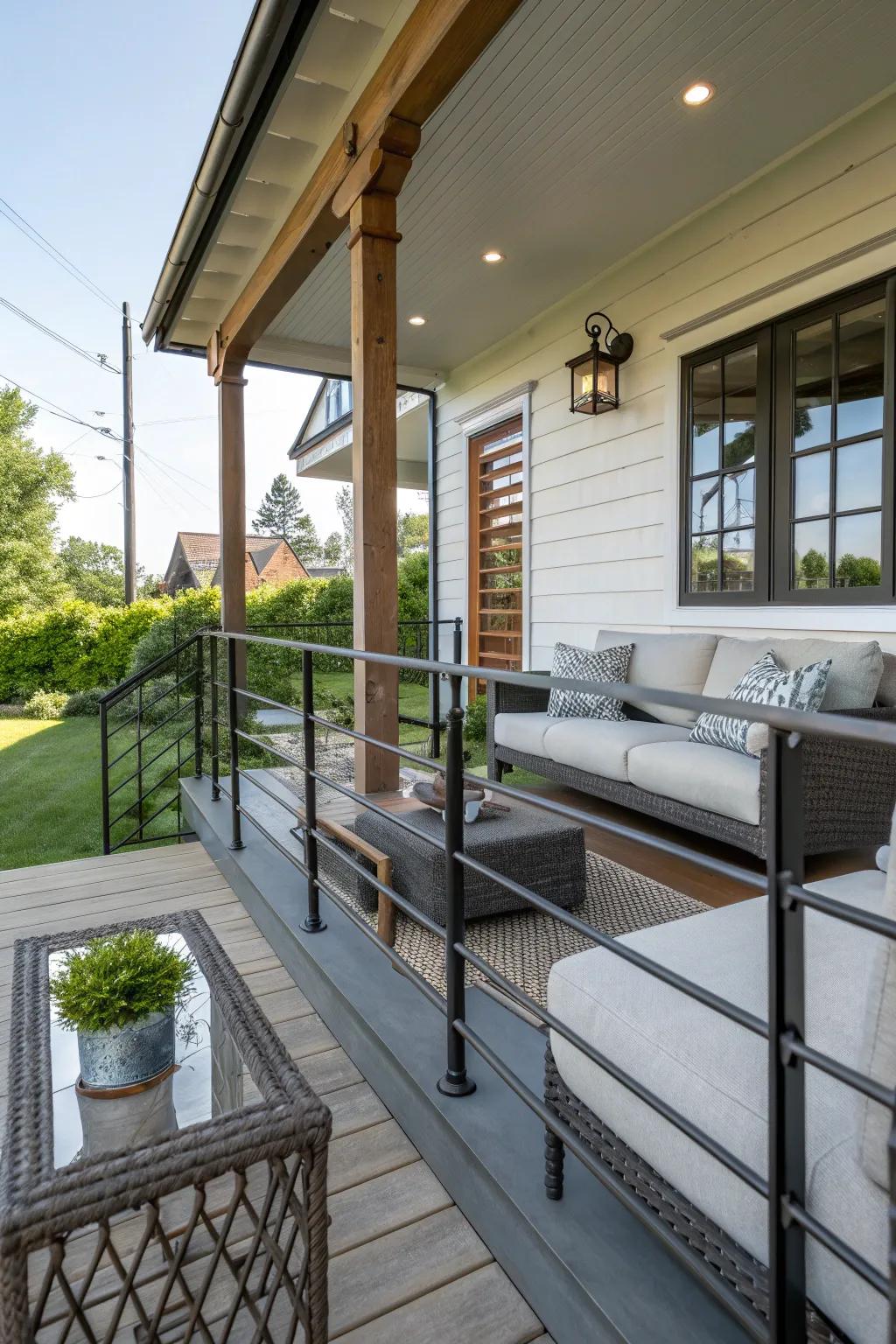 Metal elements bring an industrial chic vibe to your porch.