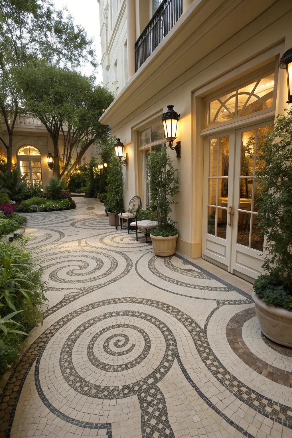 A courtyard featuring whimsical spiral paving.