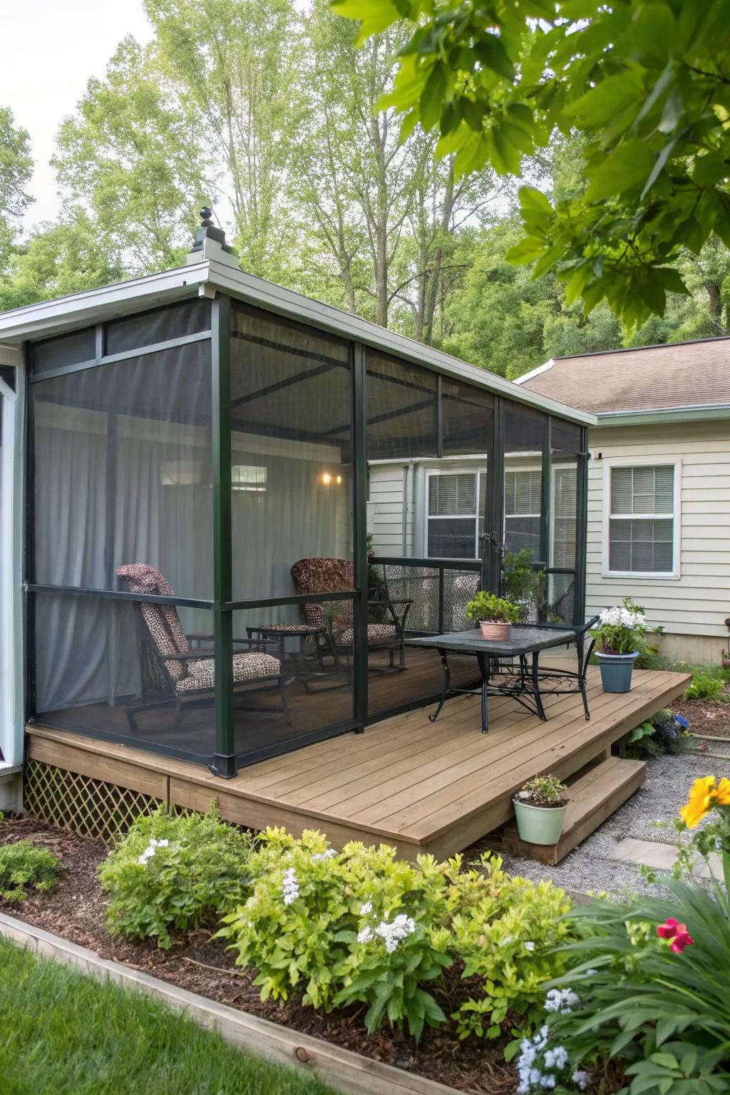Comfortable and bug-free deck with a screened-in enclosure.