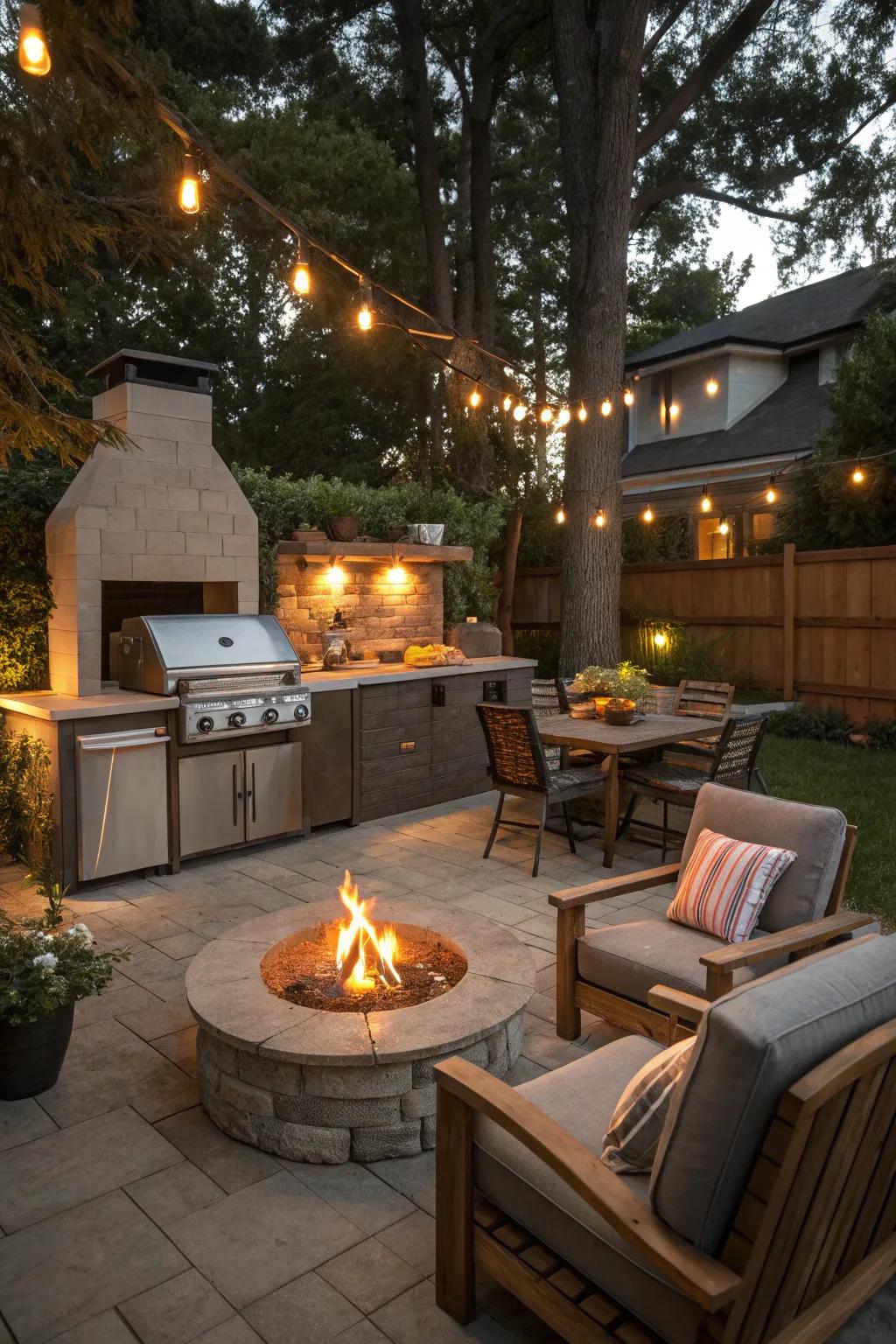 A fire pit adds warmth and ambiance to any outdoor kitchen setting.