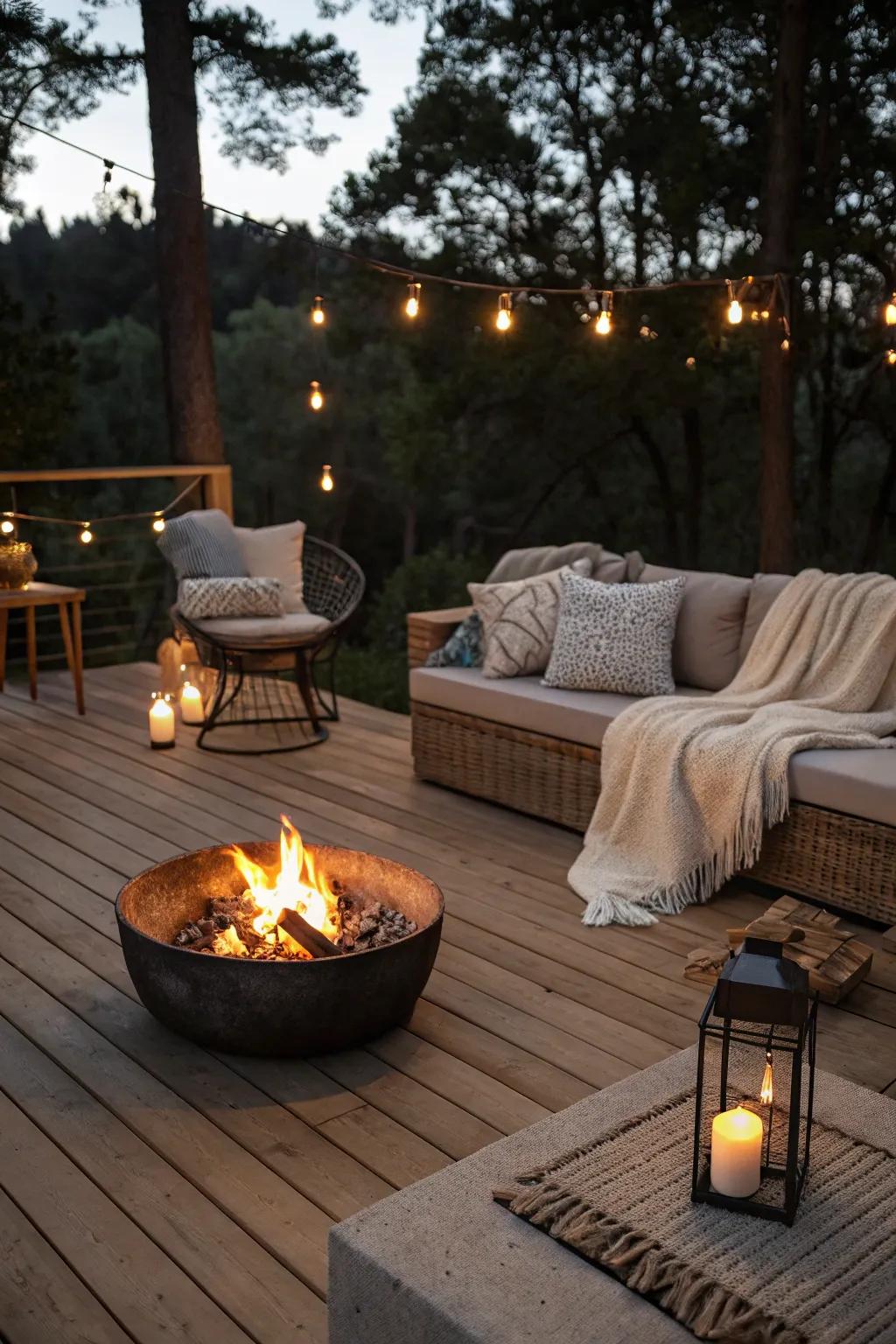 A deck offers an elevated fire pit experience.