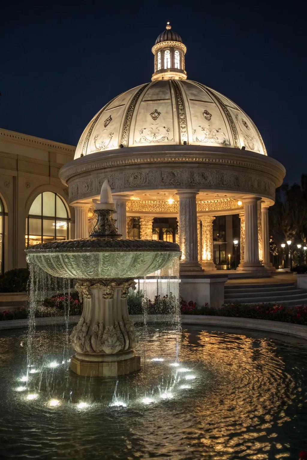 Water feature reflections creating a shimmering effect on a cupola.