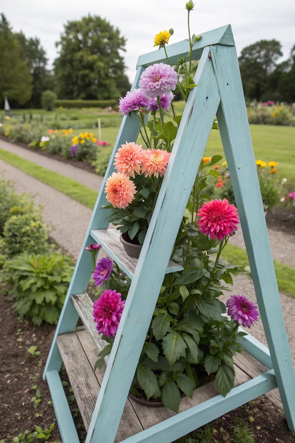 A DIY A-frame providing sturdy support for dahlias.