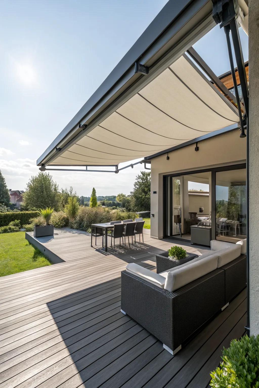 Retractable awnings offer shade and flexibility.