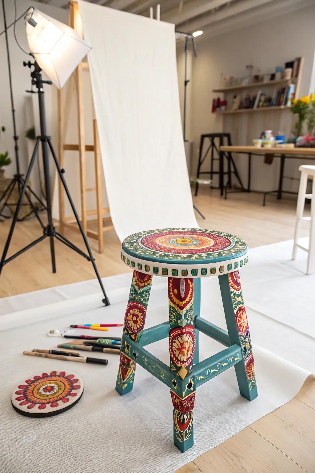 A creative studio where a personalized garden stool showcases unique style.