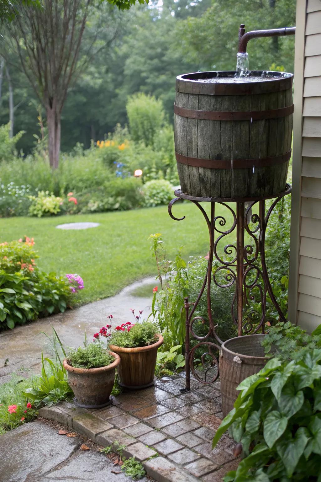 Eclectic charm with a vintage stand for your rain barrel.