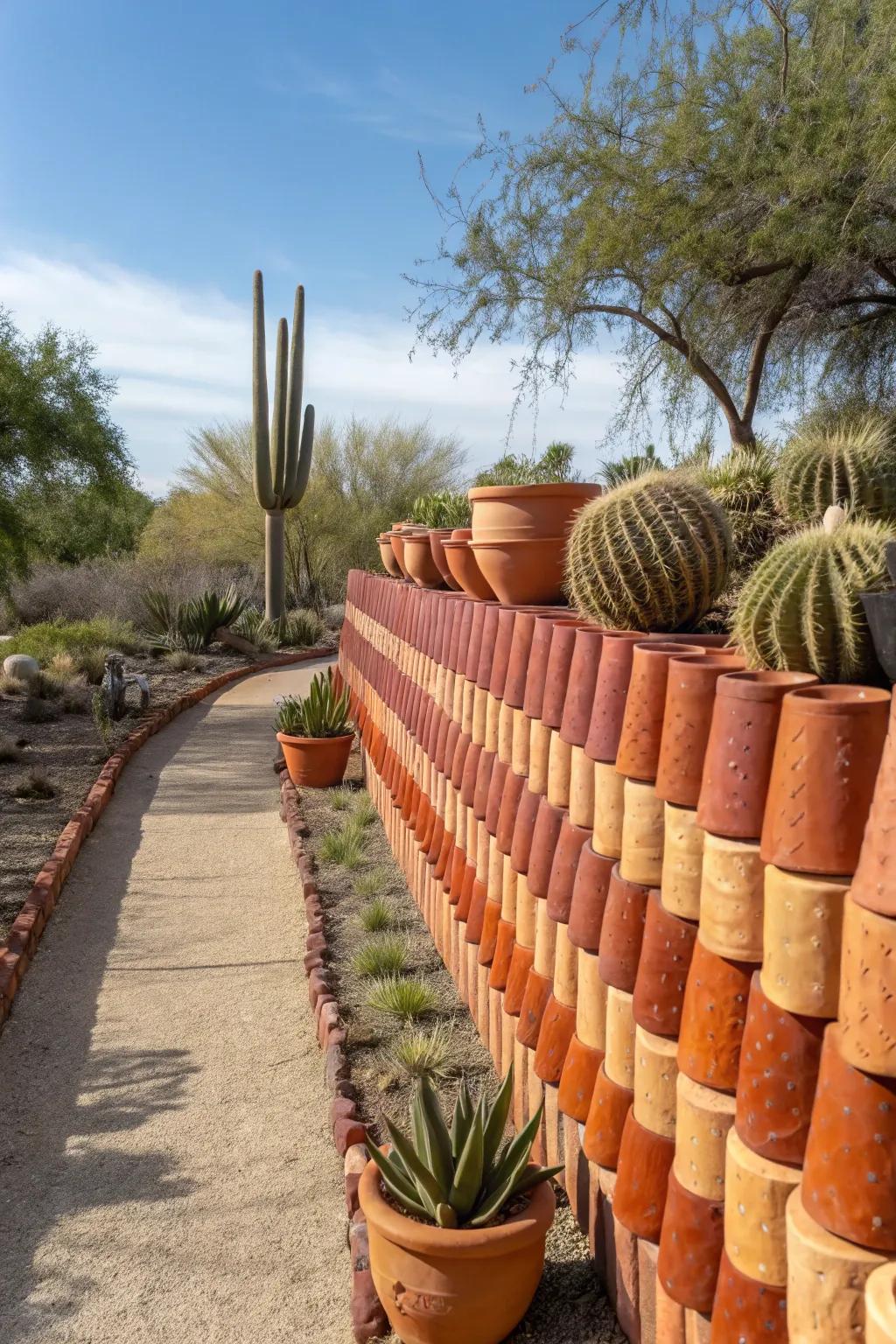 Terracotta pots create a unique and colorful fence.