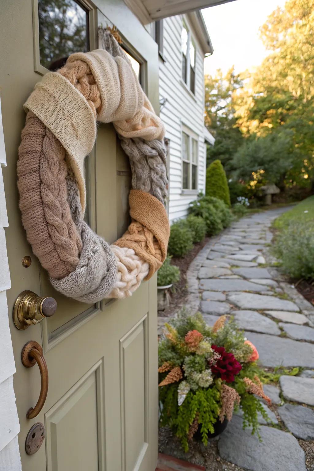 Warm and sustainable: An upcycled sweater wreath.