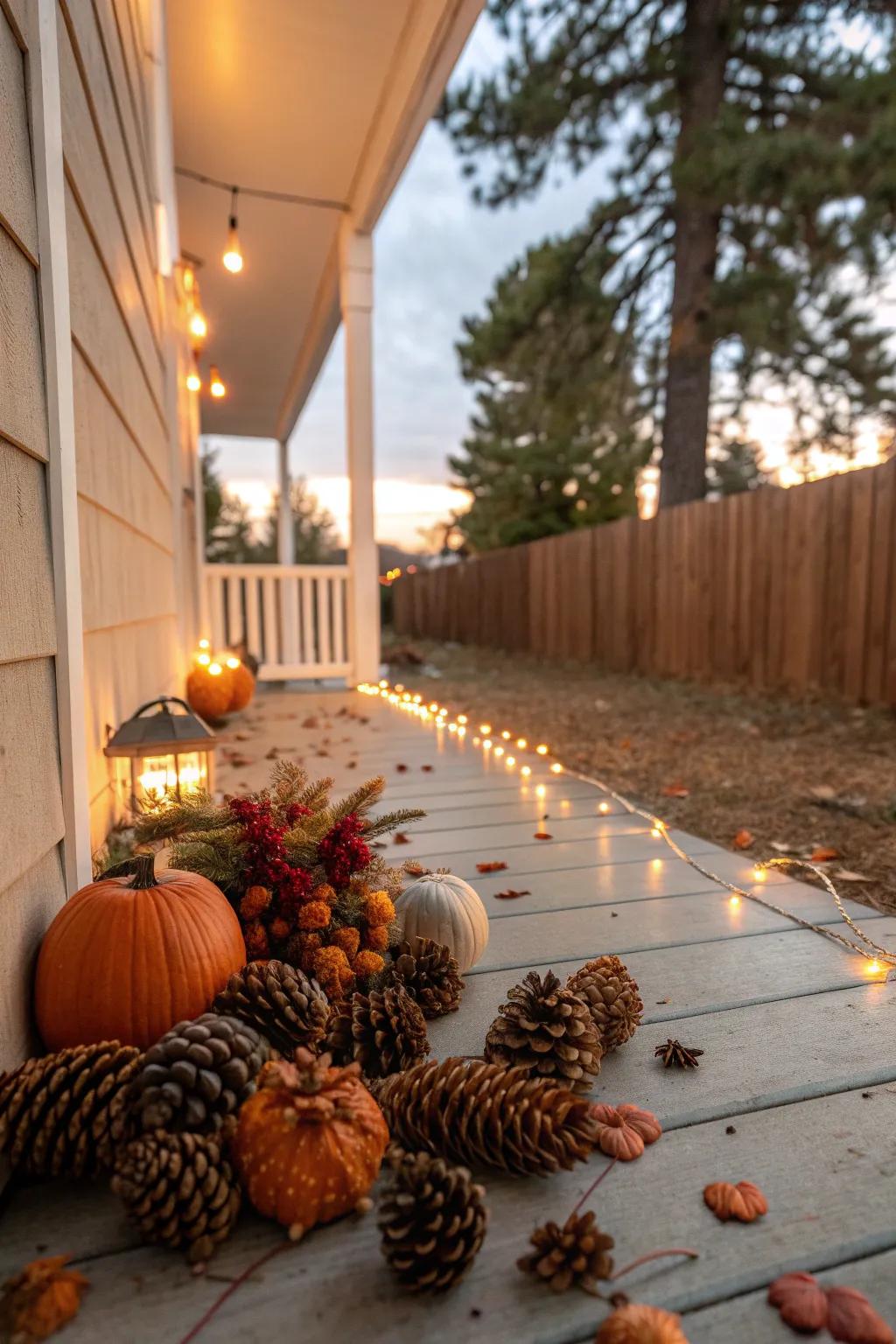 Pinecones adding a natural touch to the porch.