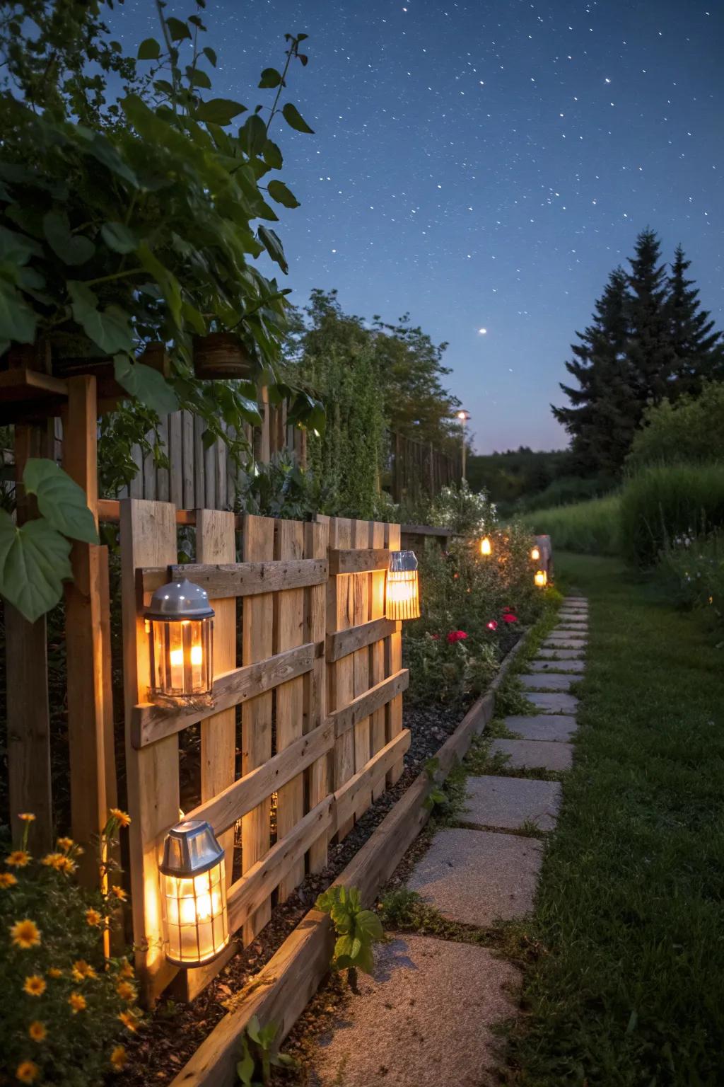 Illuminate the night with a solar-lit pallet fence.