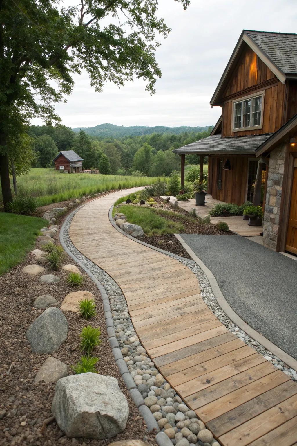 Wood and stone together create a harmonious border.