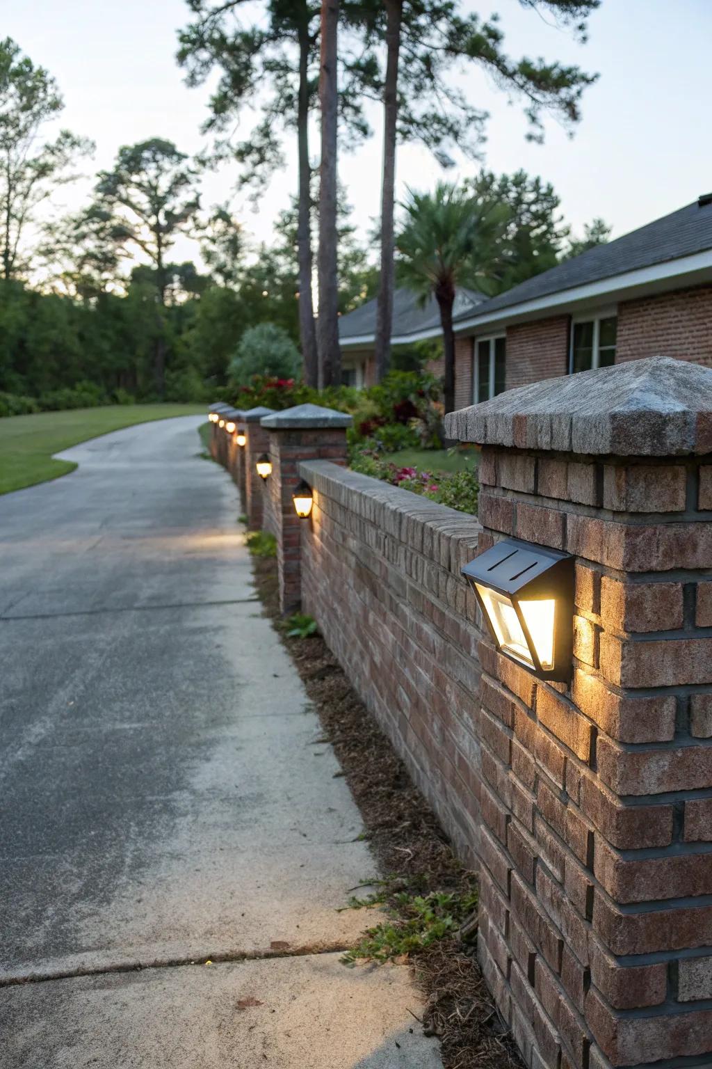 Solar-powered lights add a sustainable glow to the driveway wall.