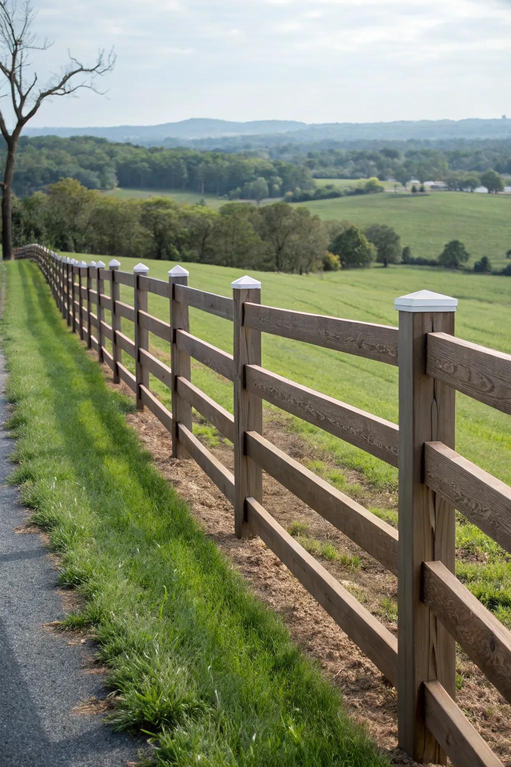 Composite wood offering a modern touch to a split rail fence.