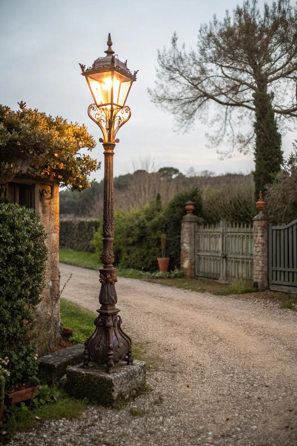 Vintage-style lamp post adds historical charm.