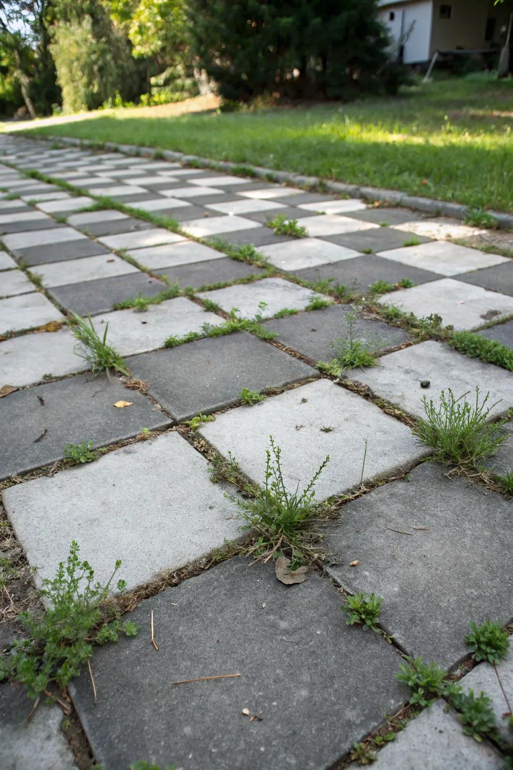 A driveway with a lush and sustainable checker block surface.