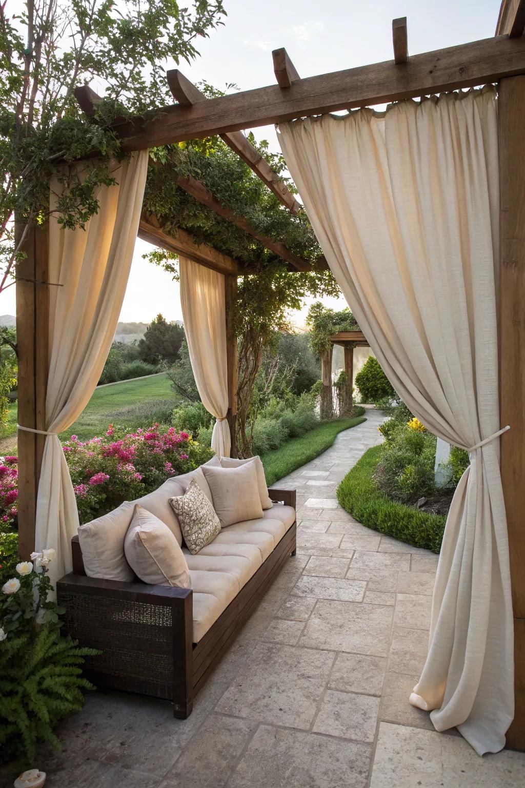 Outdoor curtains add elegance and create intimate spaces.