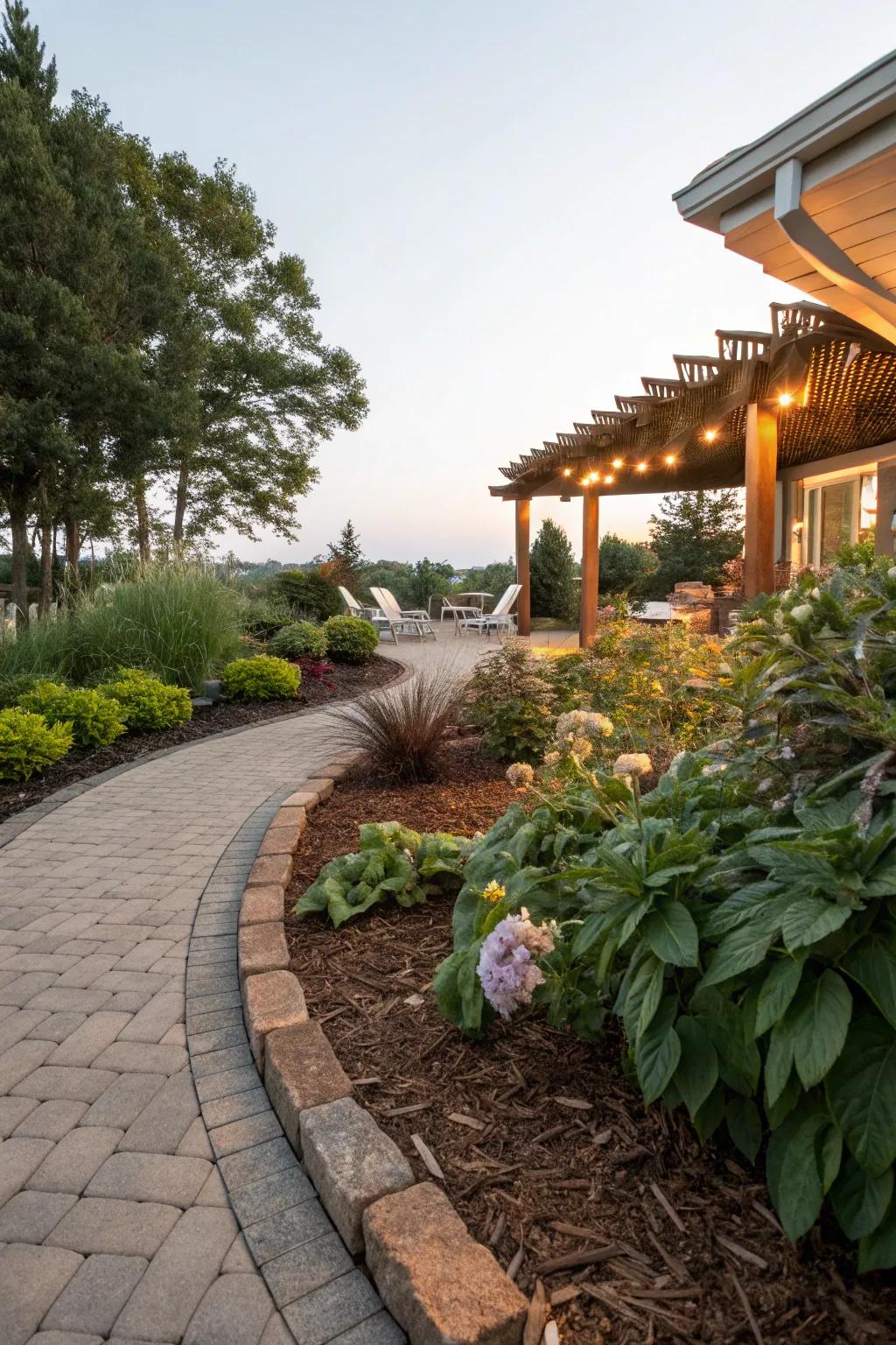 A patio with mulch edging, enhancing both aesthetics and soil health.