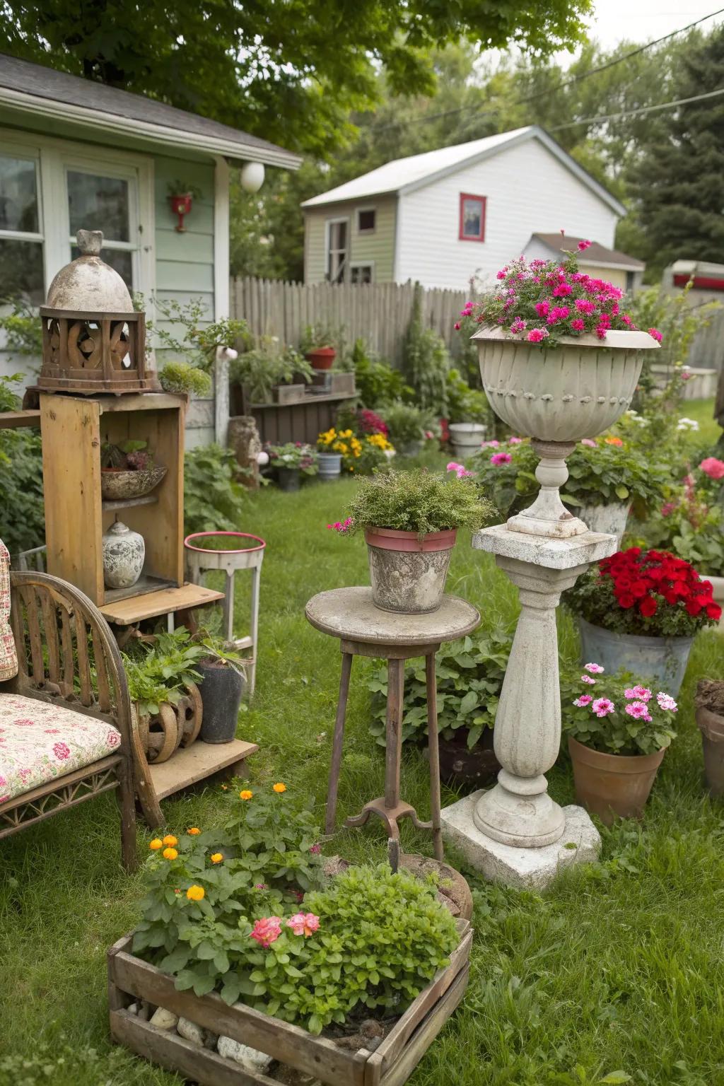 Charming vintage finds in the backyard, adding unique character.