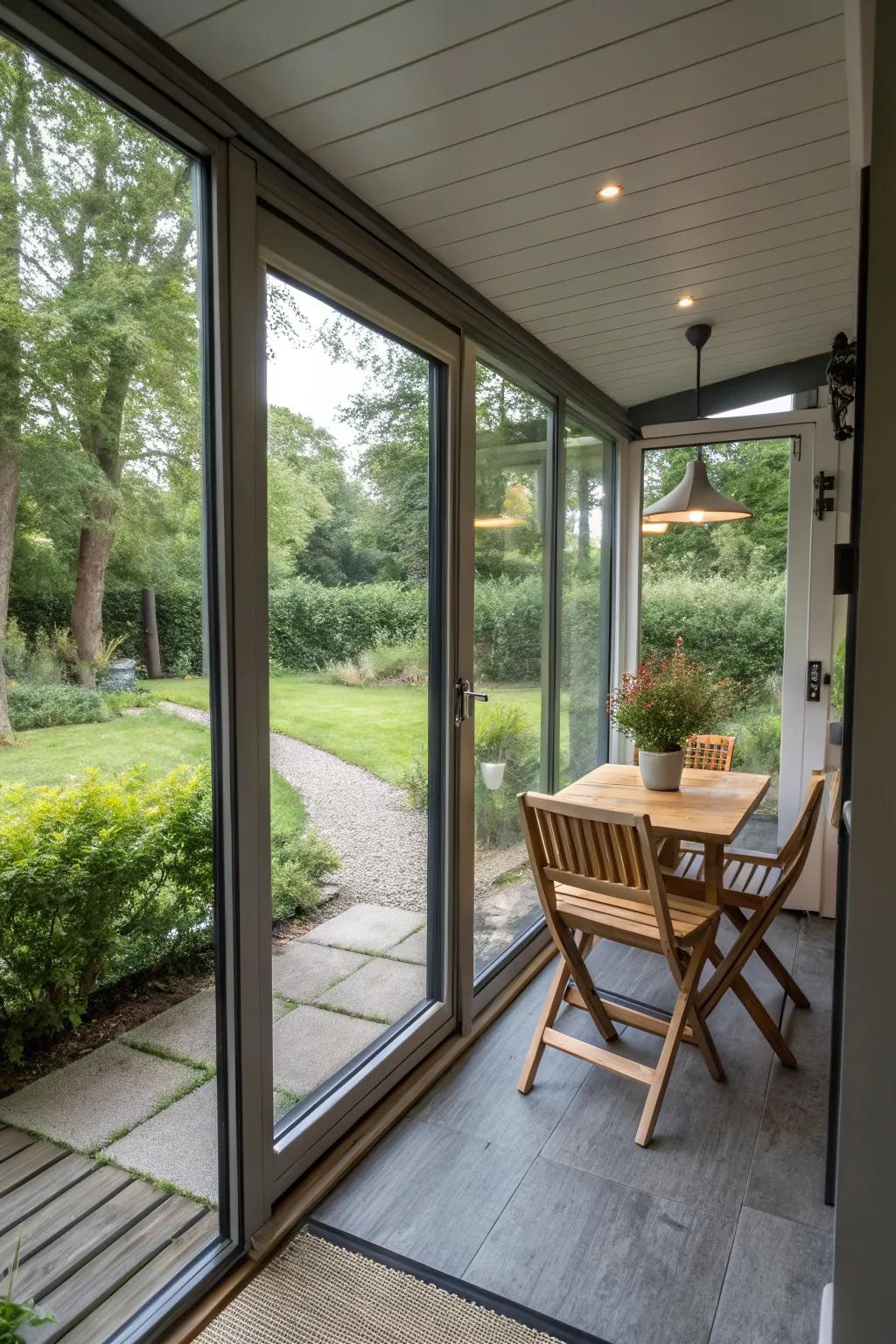 Sleek sliding glass doors enhance space and light on a small enclosed porch.