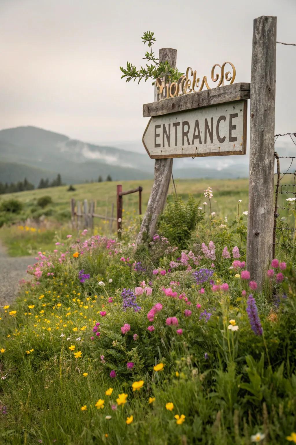Wildflowers creating a natural, meadow-like ambiance around the entrance sign.