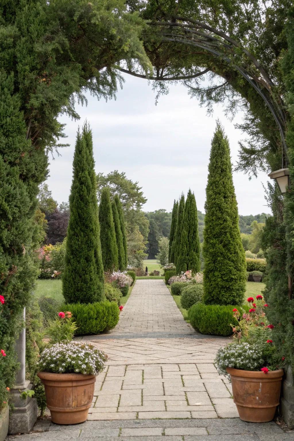 Potted cedars frame the garden entrance beautifully.