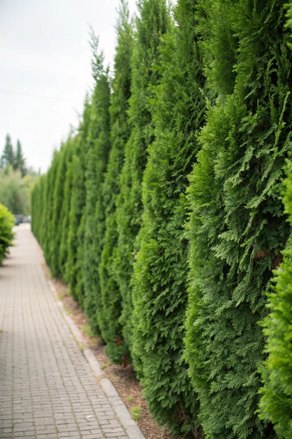 Tall evergreen plants forming a lush privacy screen.