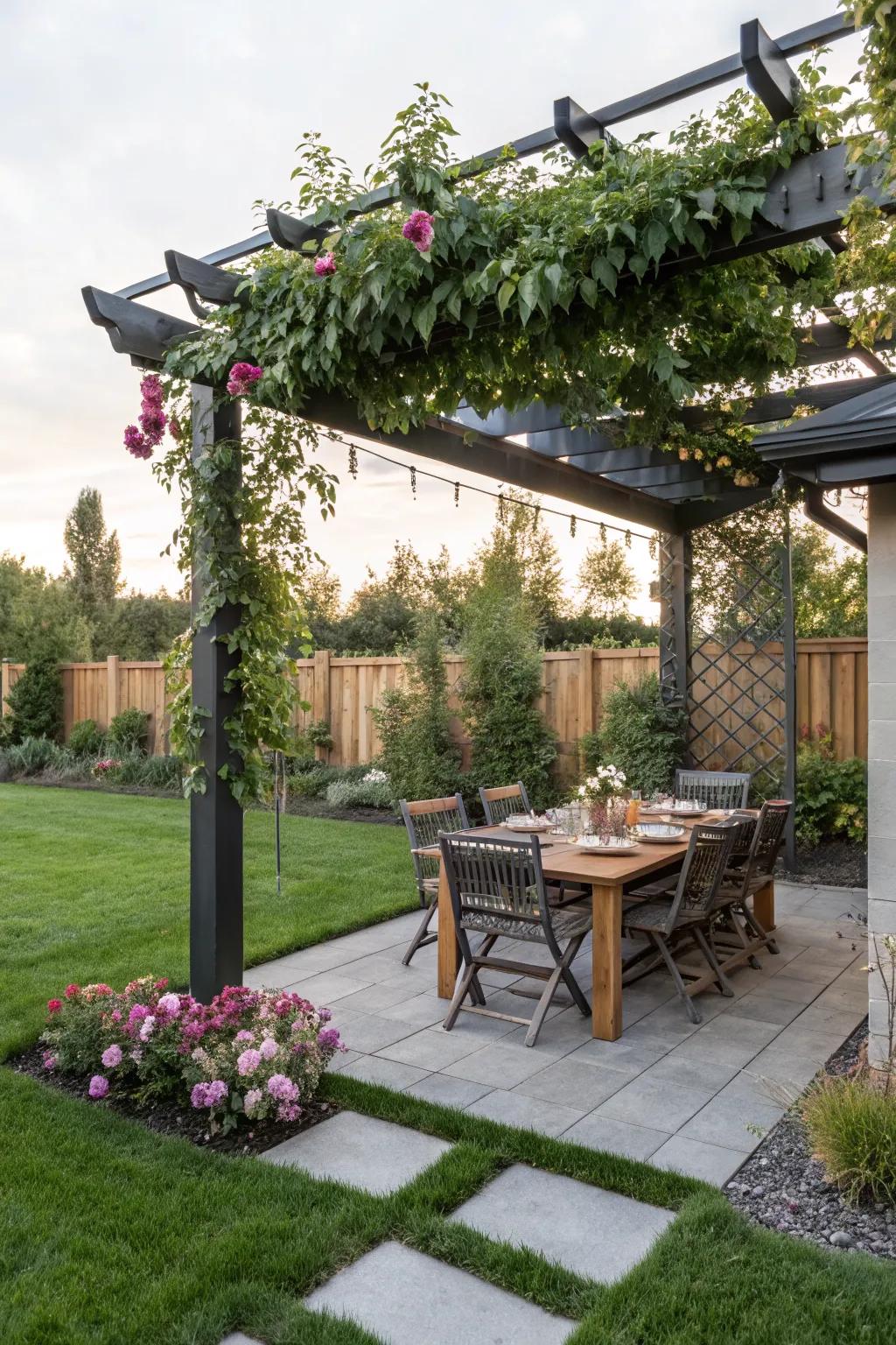 A pergola offers shade and defines outdoor spaces.