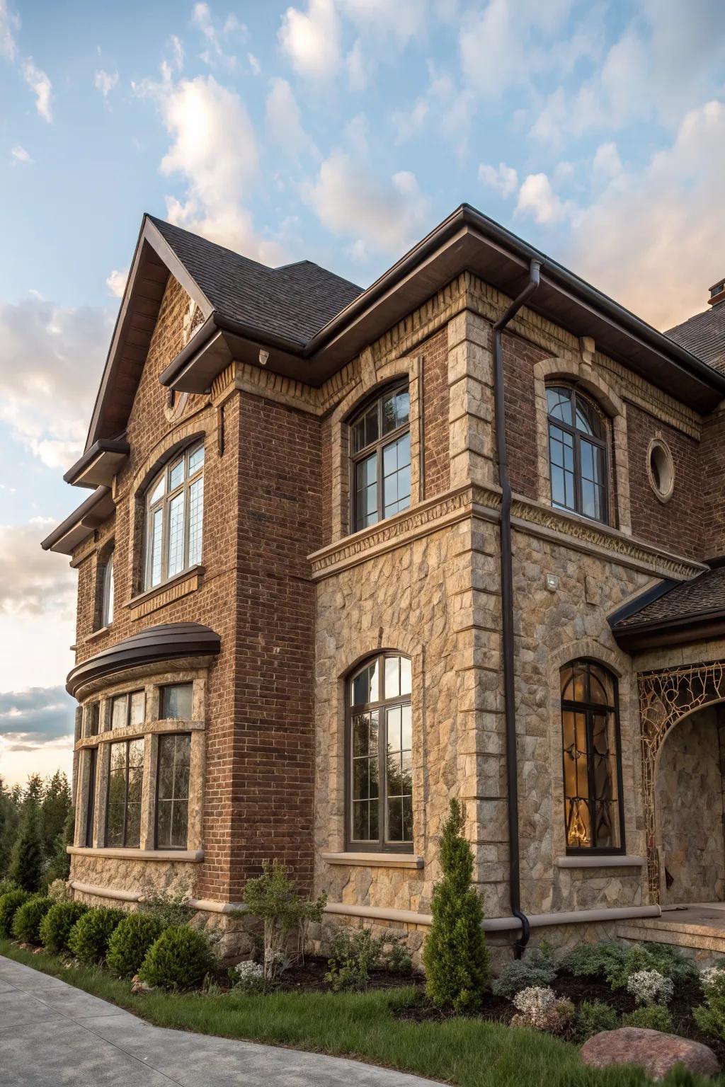 Textured stone surrounds enhance window trims.