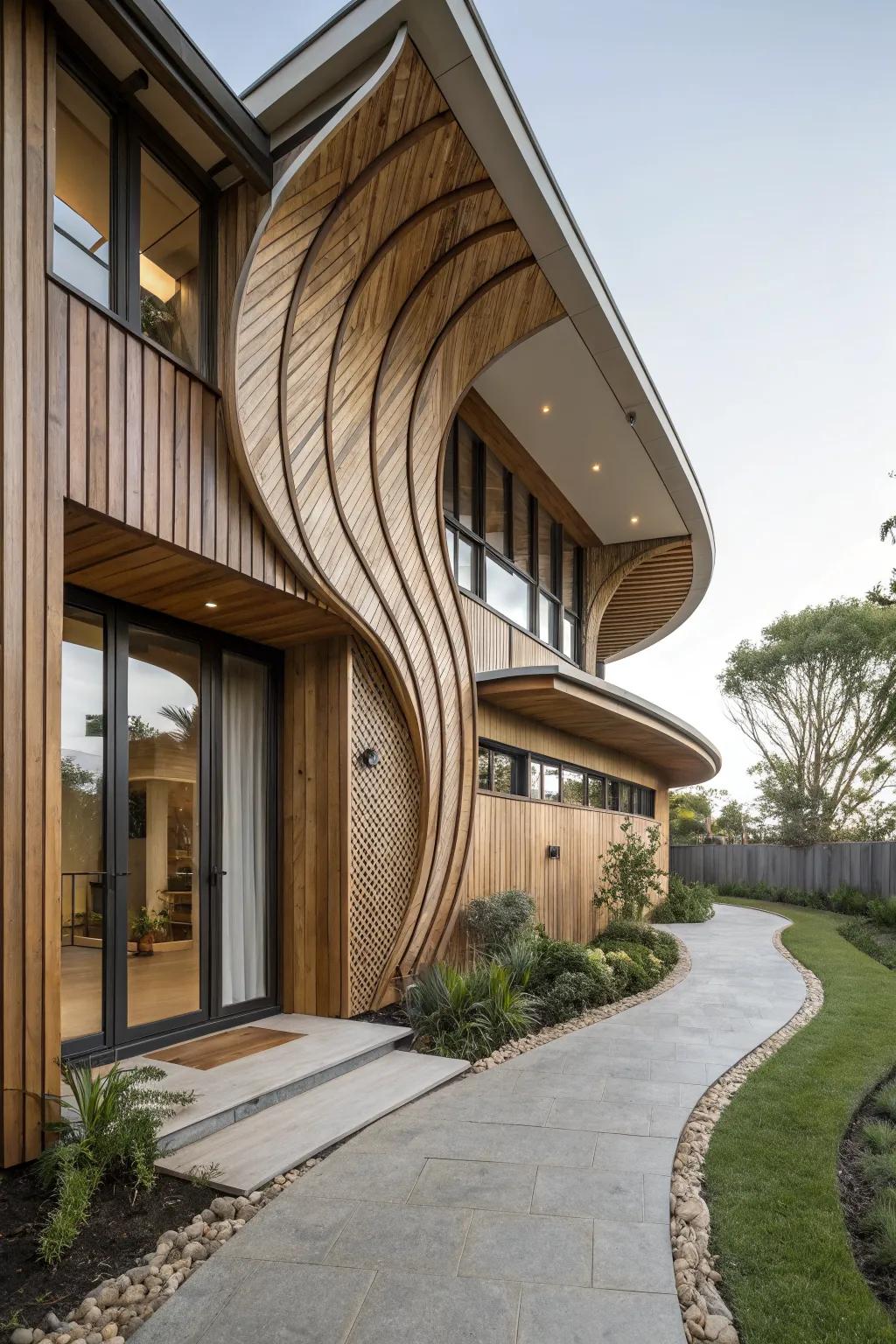 Home with sculptural wood cladding