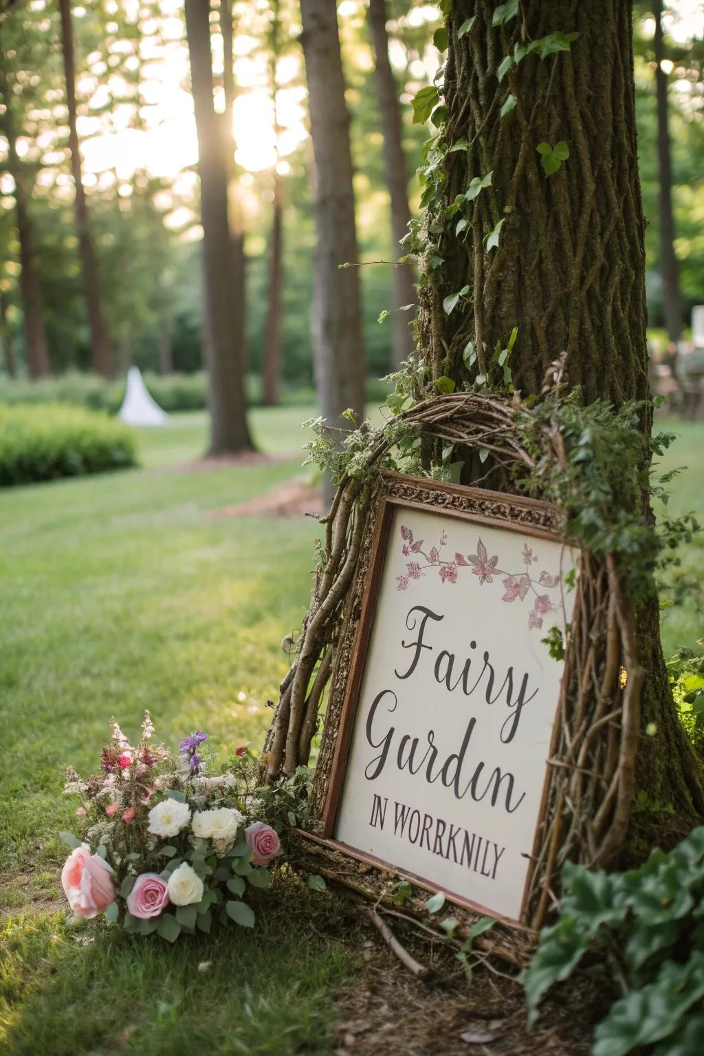 A fairy garden sign beautifully framed with twigs and vines in a natural setting.