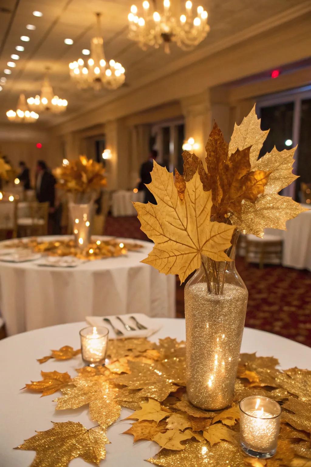 Elegant gold-dipped leaves adding a chic touch.