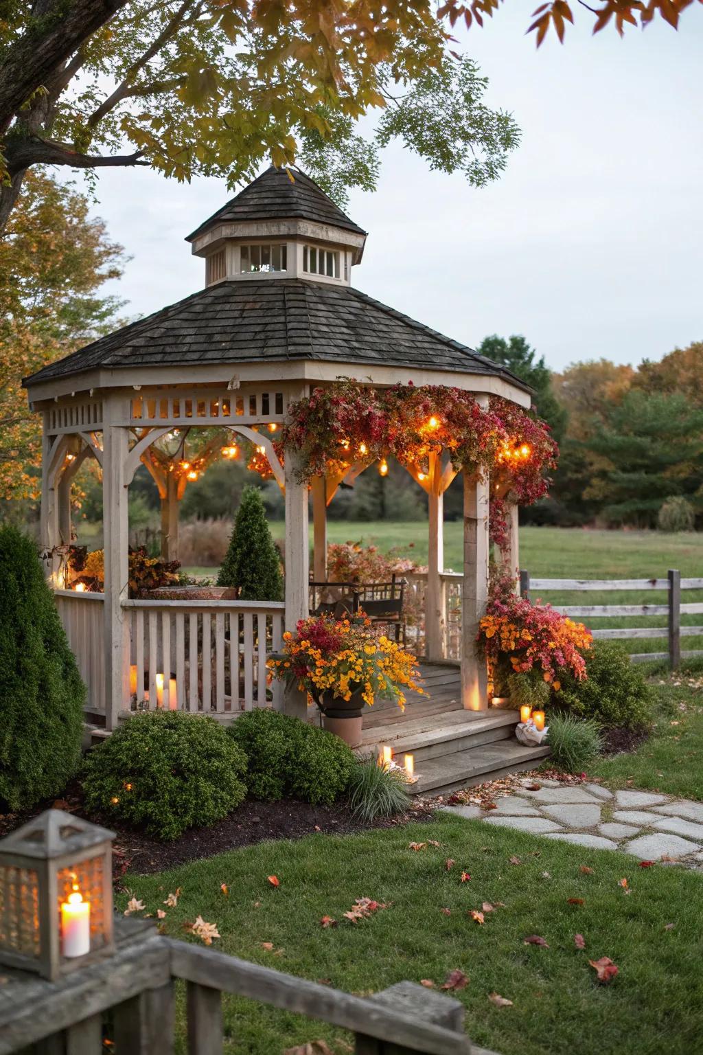 Seasonal decorations keep this gazebo fresh and inviting all year round.