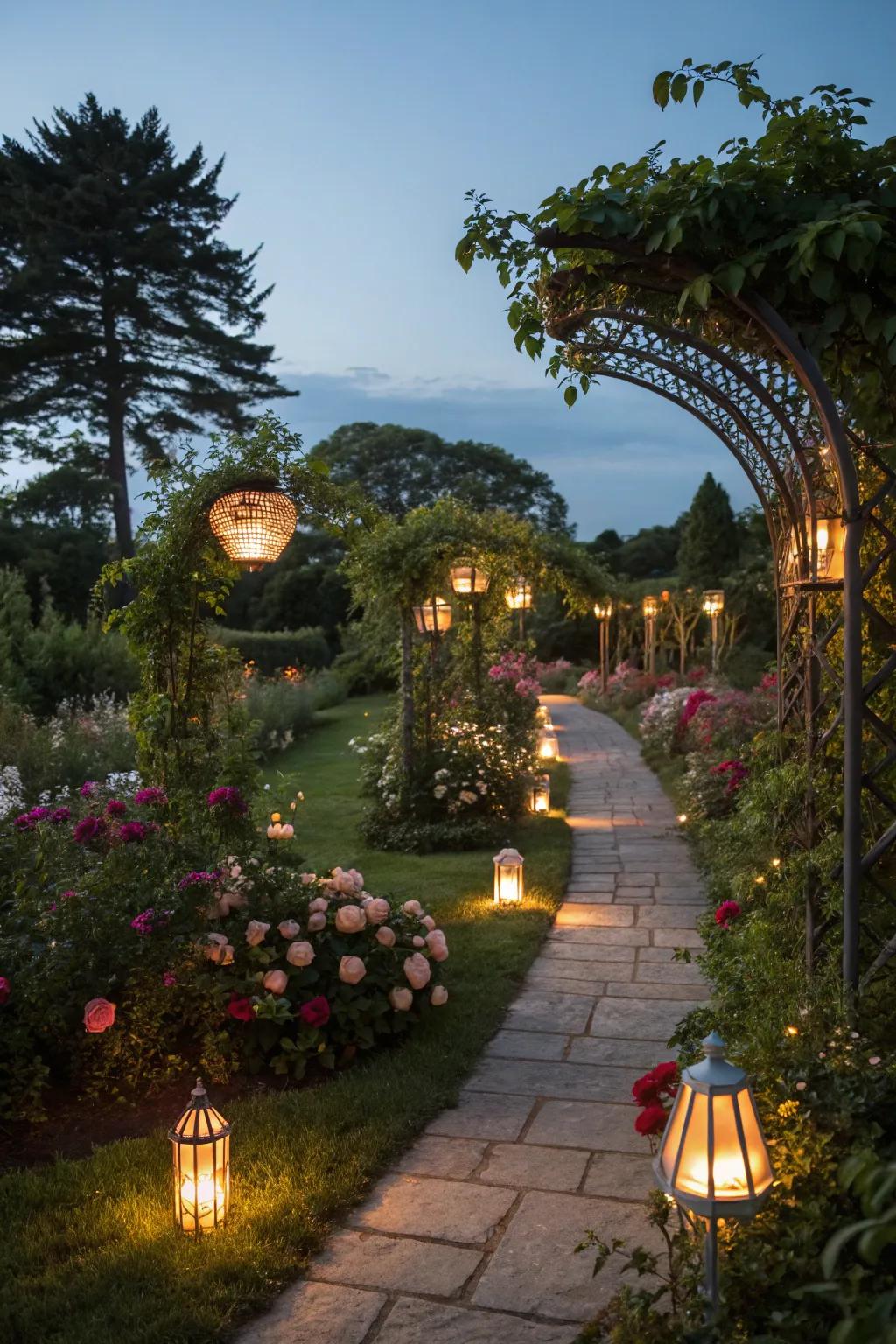 Night lighting transforming the garden into a magical scene.