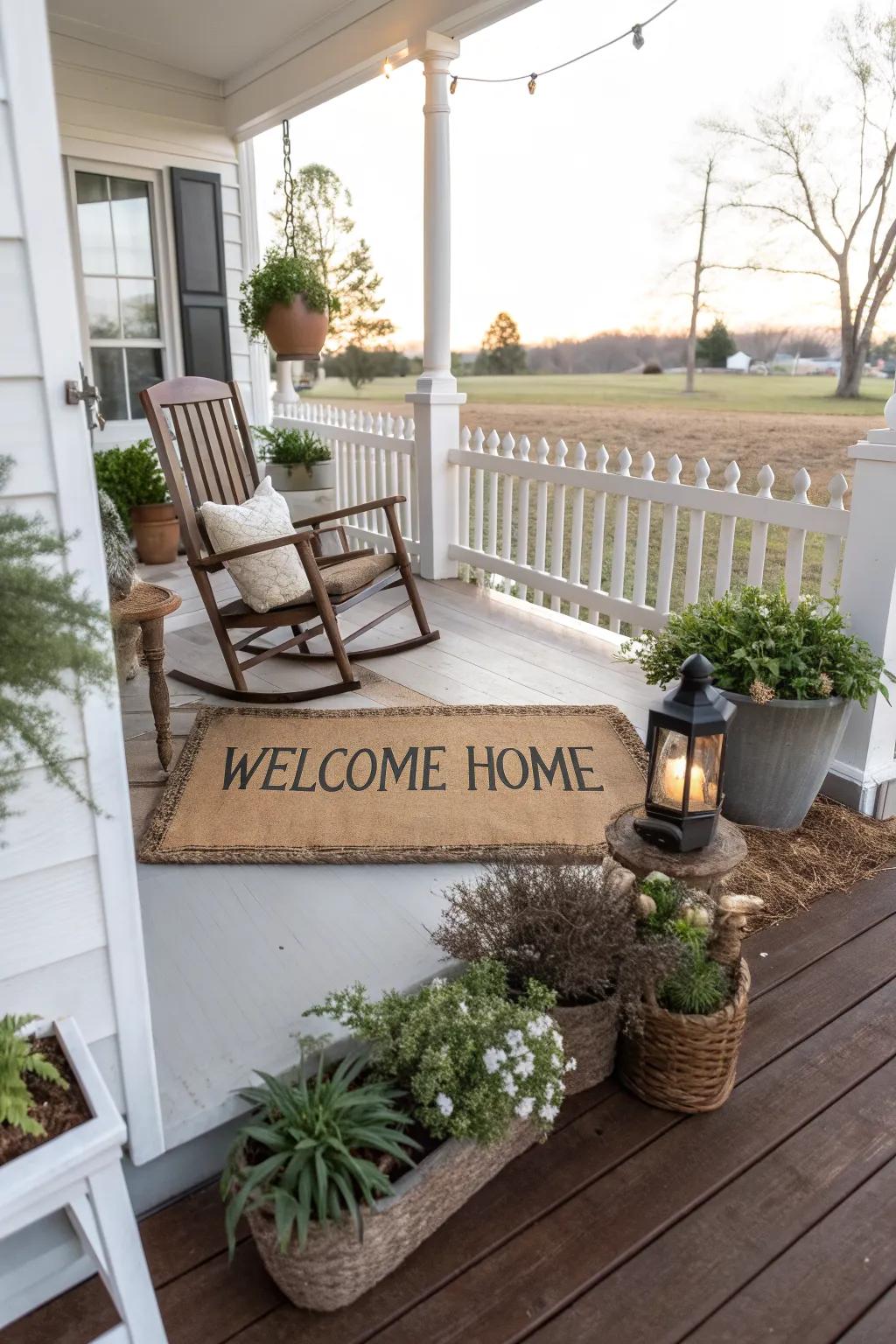 A personalized mat adds a welcoming touch to your farmhouse porch.