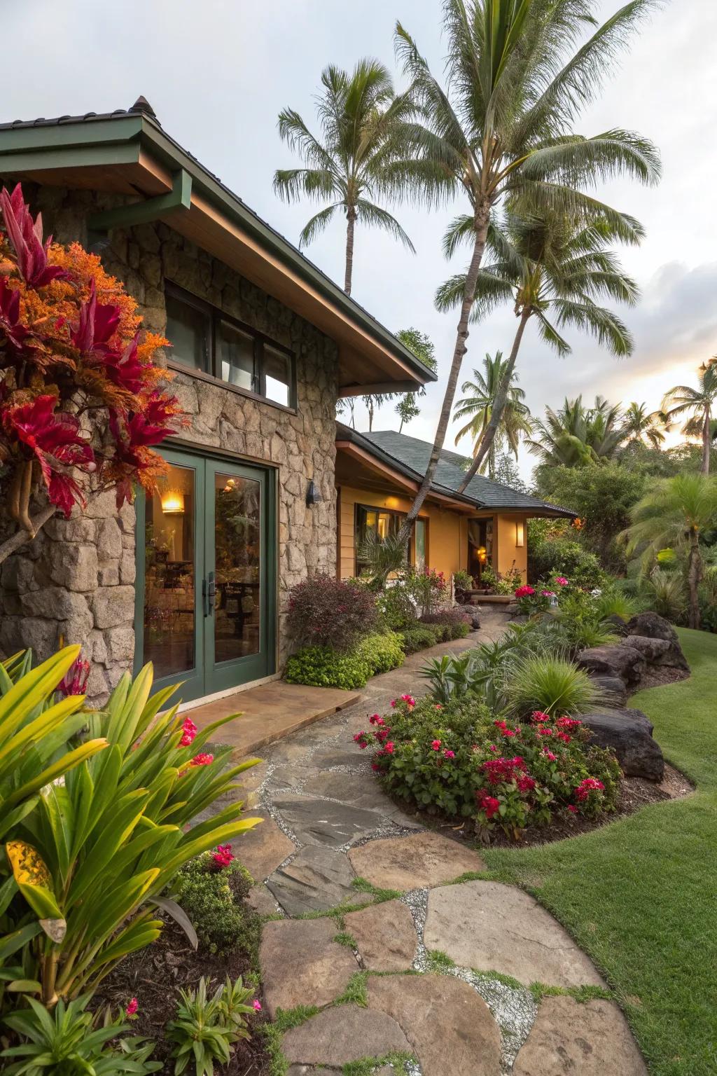 Tropical paradise with faux stone siding